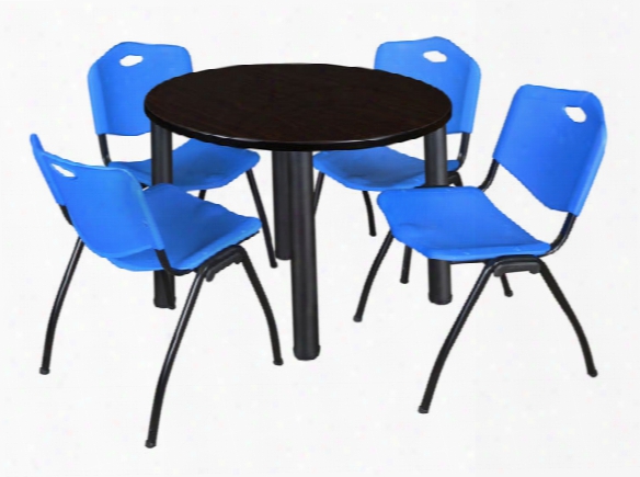 36" Round Breakroom Table- Mocha Walnut/ Black & 4 'm' Stack Chairs By Regency Furniture