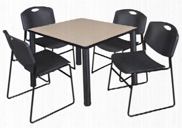 36" Square Breakroom Table- Beige/ Black & 4 Zeng Stack Chairs By Regency Furniture