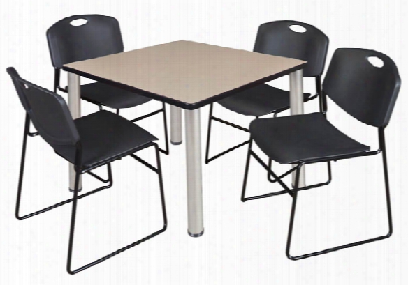 36" Square Breakroom Table- Beige/  Chrome & 4 Zeng Stack Chairs By Regency Furniture