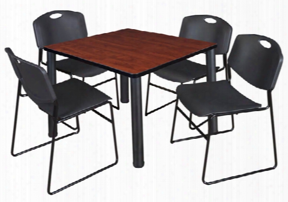 36" Square Breakroom Table- Cherry/ Black & 4 Zeng Stack Chairs By Regency Furniture