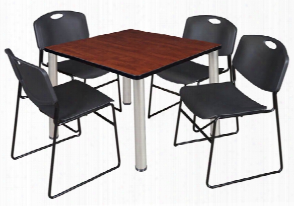 36" Square Breakroom Table- Cherry/ Chrome & 4 Zeng Stack Chairs By Regency Furniture