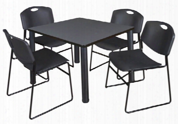 36" Square Breakroom Table- Gray/ Black & 4 Zeng Stack Chairs By Regency Furniture