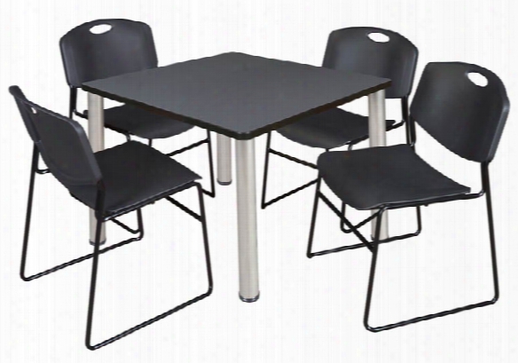 36" Square Breakroom Table- Gray/ Chrome & 4 Zeng Stack Chairs By Regency Furniture