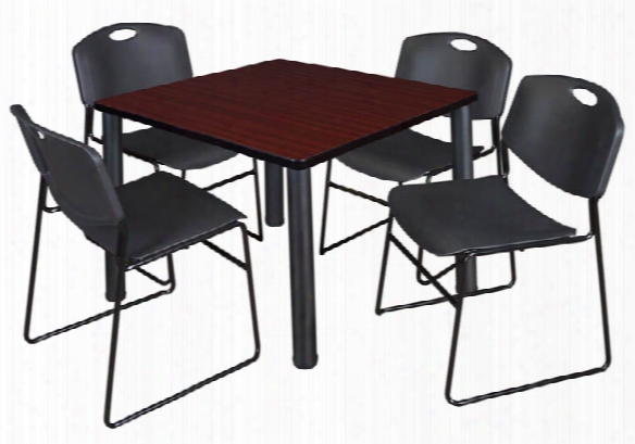 36" Square Breakroom Table- Mahogany/ Black & 4 Zeng Stack Chairs By Regency Furniture