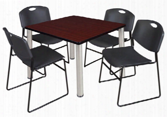 36" Square Breakroom Table- Mahogany/ Chrome & 4 Zeng Stack Chairs By Regency Furniture