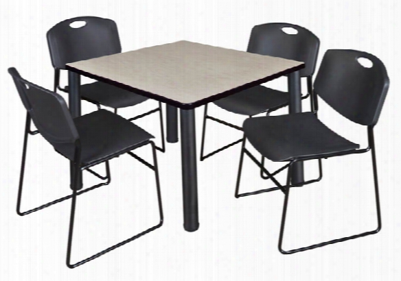 36" Square Breakroom Table- Maple/ Black & 4 Zeng Stack Chairs By Regency Furniture