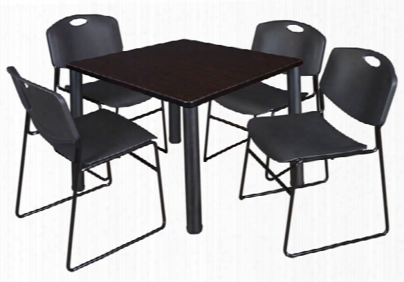 36" Square Breakroom Table- Mocha Walnut/ Black & 4 Zeng Stack Chairs By Regency Furniture