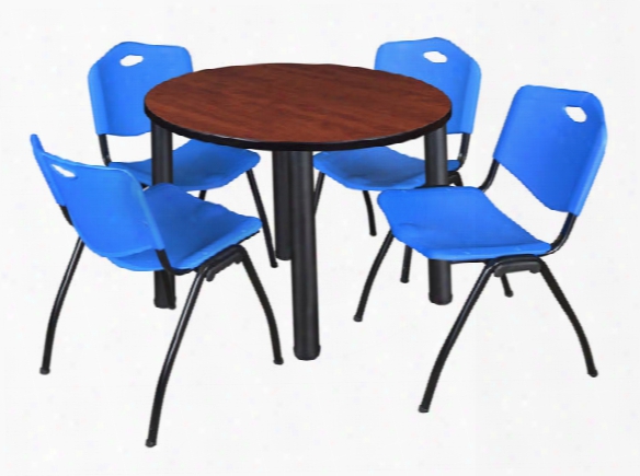 42" Round Breakroom Table- Cherry/ Black & 4 'm' Stack Chairs By Regency Furniture
