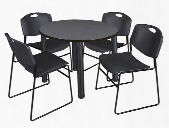 42" Round Breakroom Table- Gray/ Black & 4 Zeng Stack Chairs By Regency Furniture