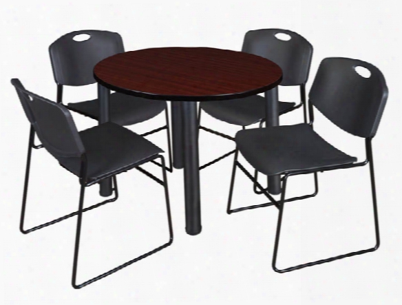 42" Round Breakroom Table- Mahogany/ Black & 4 Zeng Stack Chairs By Regency Furniture