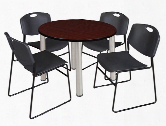 42" Round Breakroom Table- Mahogany/ Chrome & 4 Zeng Stack Chairs By Regency Furniture