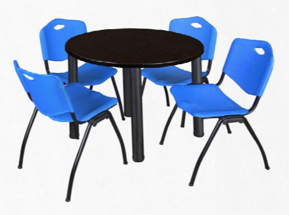 42" Round Breakroom Table- Mocha Walnut/ Black & 4 'm' Stack Chairs By Regency Furniture