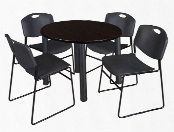 42" Round Breakroom Table- Mocha Walnut/ Black & 4 Zeng Stack Chairs By Regency Furniture