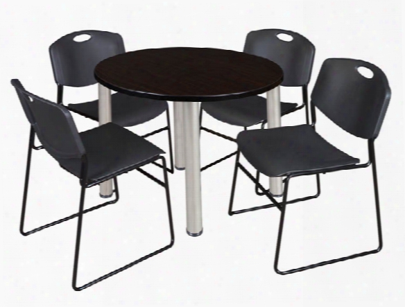 42" Round Breakroom Table- Mocha Walnut/ Chrome & 4 Zeng Stack Chairs By Regency Furniture