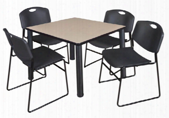 42" Square Breakroom Table- Beige/ Black & 4 Zeng Stack Chairs By Regency Furniture