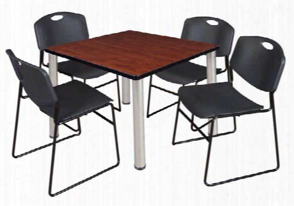 42" Square Breakroom Table- Cherry/ Chrome & 4 Zeng Stack Chairs By Regency Furniture