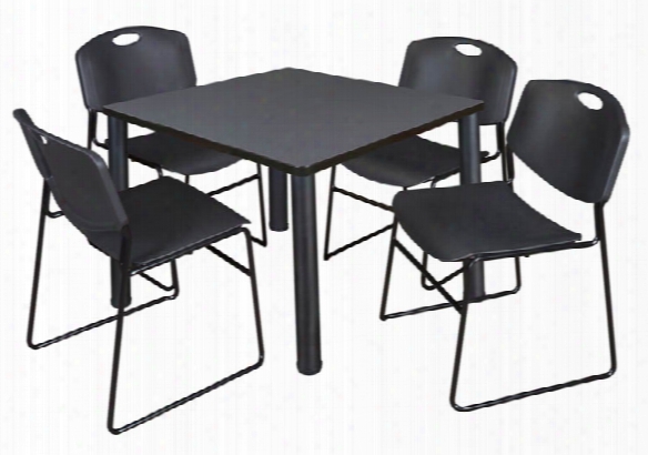 42" Square Breakroom Table- Gray/ Black & 4 Zeng Stack Chairs By Regency Furniture