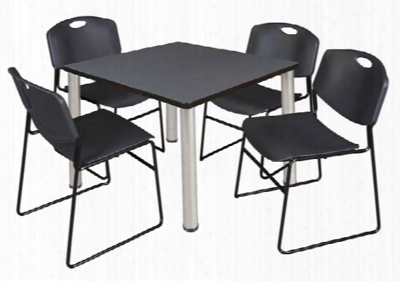 42" Square Breakroom Table- Gray/ Curome & 4 Zeng Stack Chairs By Regency Furniture