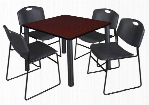 42" Square Breakroom Table- Mahogany/ Black & 4 Zeng Stack Chairs By Regency Furniture