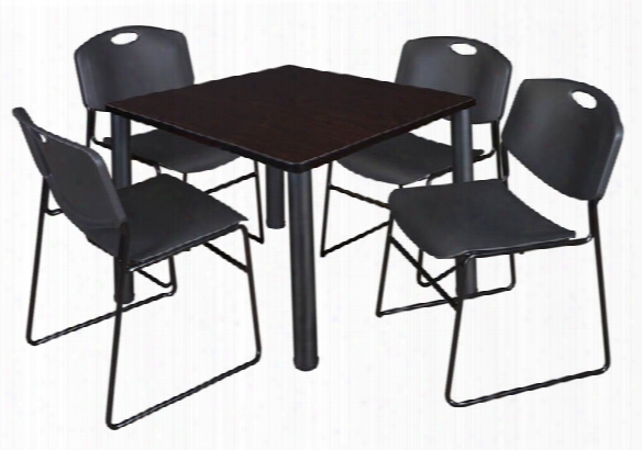 42" Square Breakroom Table- Mocha Walnut/ Black & 4 Zeng Stack Chairs By Regency Furniture