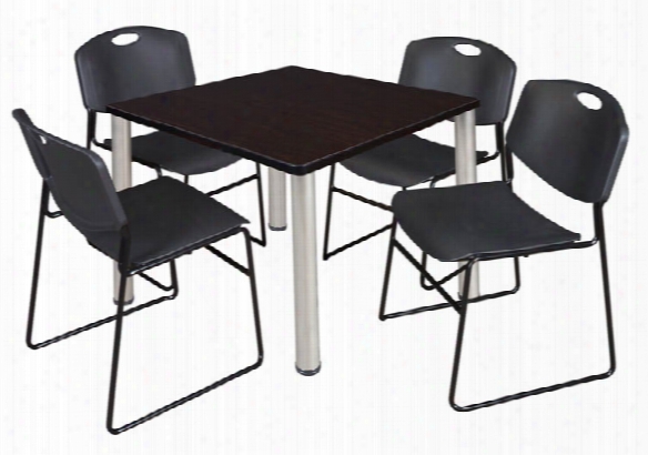 42" Square Breakroom Table- Mocha Walnut/ Chrome & 4 Zeng Stack Chairs By Regency Furniture