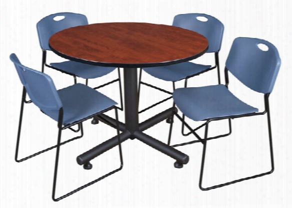 48" Round Breakroom Table- Cherry & 4 Zeng Stack Chairs By Regency Furniture