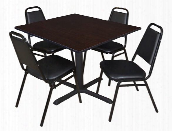 48" Square Breakroom Table- Mocha Walnut & 4 Restaurant Stack Chairs By Regency Furniture