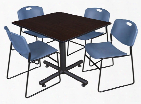 48" Square Breakroom Table- Mocha Walnut & 4 Zeng Stack Chairs By Regency Furniture