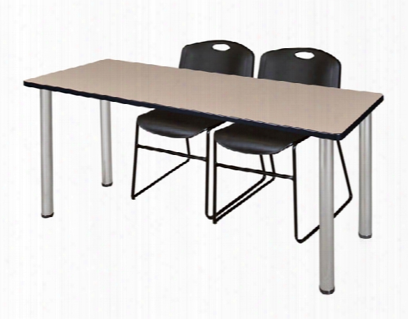 66" X 24" Training Table- Beige/ Chrome & 2 Zeng Stack Chairs By Regency Furniture