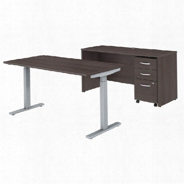 60"w X 30"d Height Adjustable Standing Desk, Credenza And Mobile File Cabinet By Bush