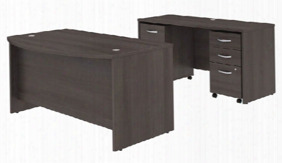 60"w X 36"d Bow Front Desk And Credenza With Mobile File Cabinets By Bush