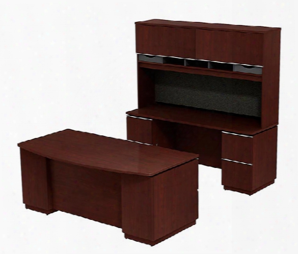 72"w Bowfront Double Pedestal Desk With 72"w Kneespace Credenza And 72"w Hutch By Bush