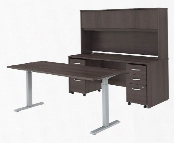 72"w X 30"d Height Adjustable Standing Desk, Credenza With Hutch And Mobole File Cabinets By Bush