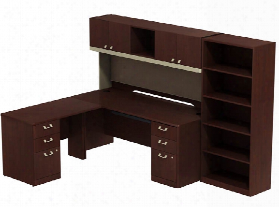 72"w X 30"d Left Hand L Station With Hutch, Two 3 Drawer Pedestals And 5-shelf Bookcase By Bush