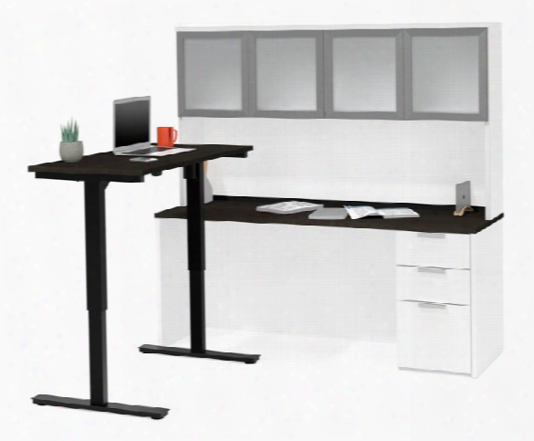 Height Adjustable L-desk With Frosted Glass Door Hutch By Bestar