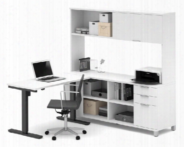 L-desk With Hutch And Electric Height Adjustable Table By Bestar