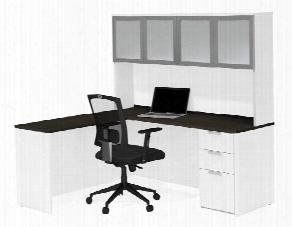 L-shaped Desk With Frosted Glass Door Hutch By Bestar