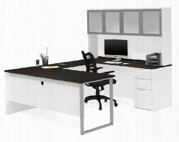 U-sshaped Desk With Frosted Glass Door Hutch By Bestar