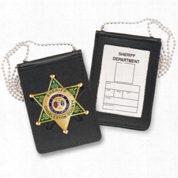 Strong Leather Recessed Magnetic Badge & Id Holder W/chain, Fits Id 2-1/2" X 3-3/4" - Black - Male - Included