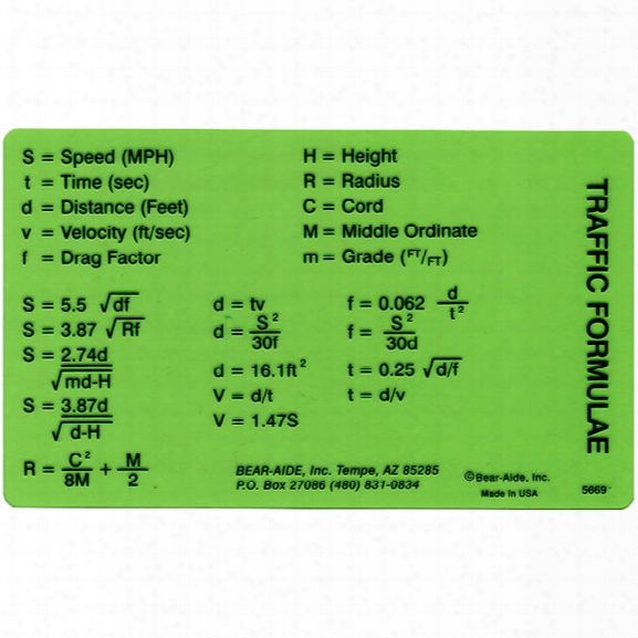 Bear-aide, Inc. Traffic Formula Card - Green - Unisex - Included