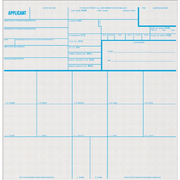 Sirchie Applicant Record Cards, 8 In. X 8 In., 100 Per Pack - Blue - Unisex - Included